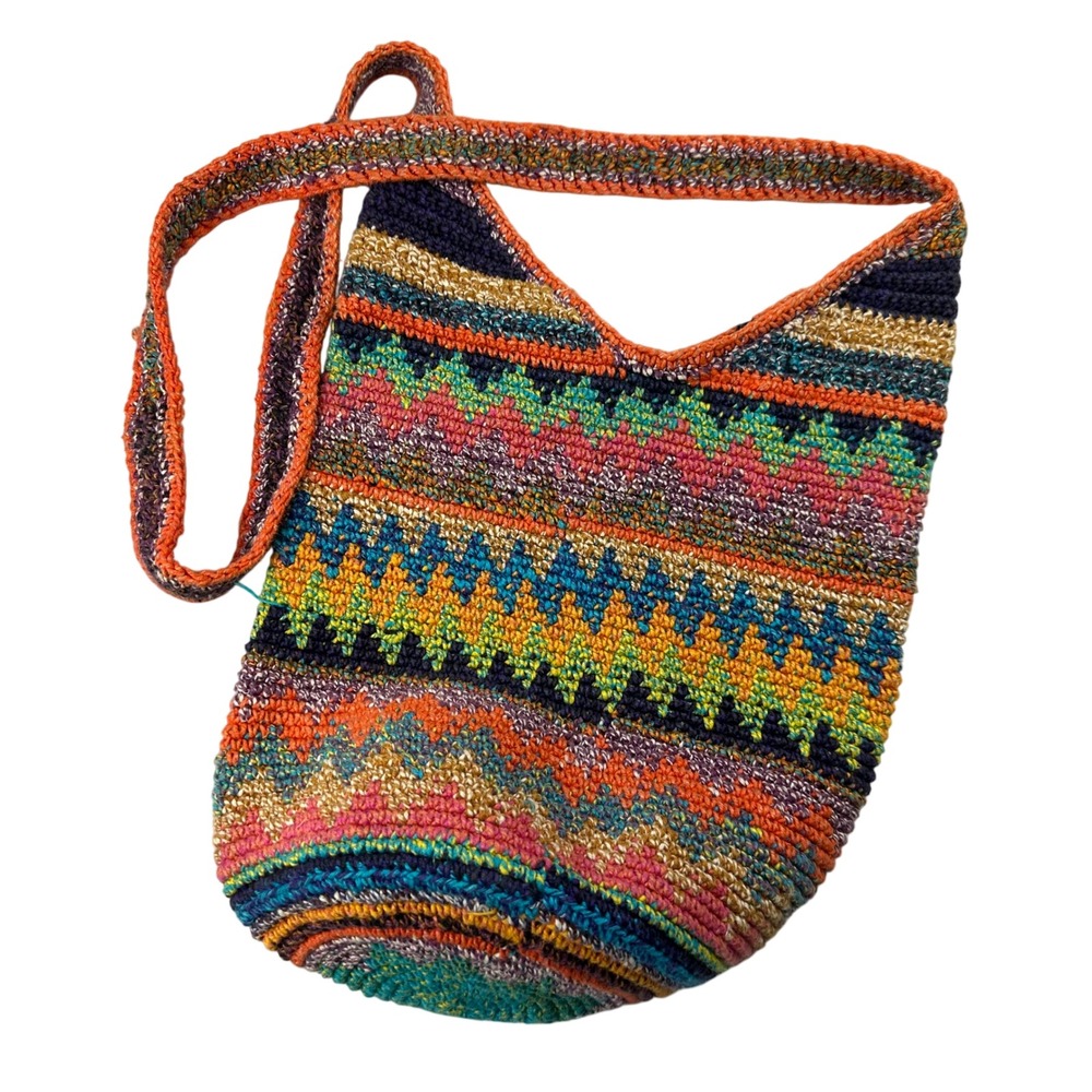 Boho‎ Crochet Shoulder Bag Colorful Zigzag Pattern Shoulder Strap Zipper Closure
